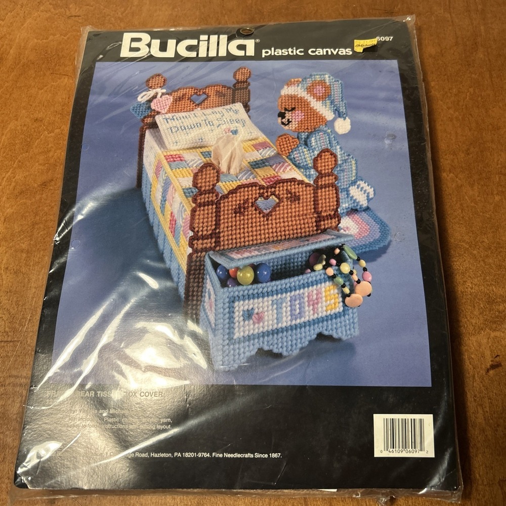 Bucilla Plastic Canvas Kit 6097 "Prayer Bear Tissue Box Cover NEW vintage